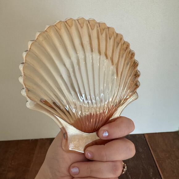 Vintage Carnival Glass Peach Orange Lusterware Clear Seashell trinket candy dish - Picture 3 of 4